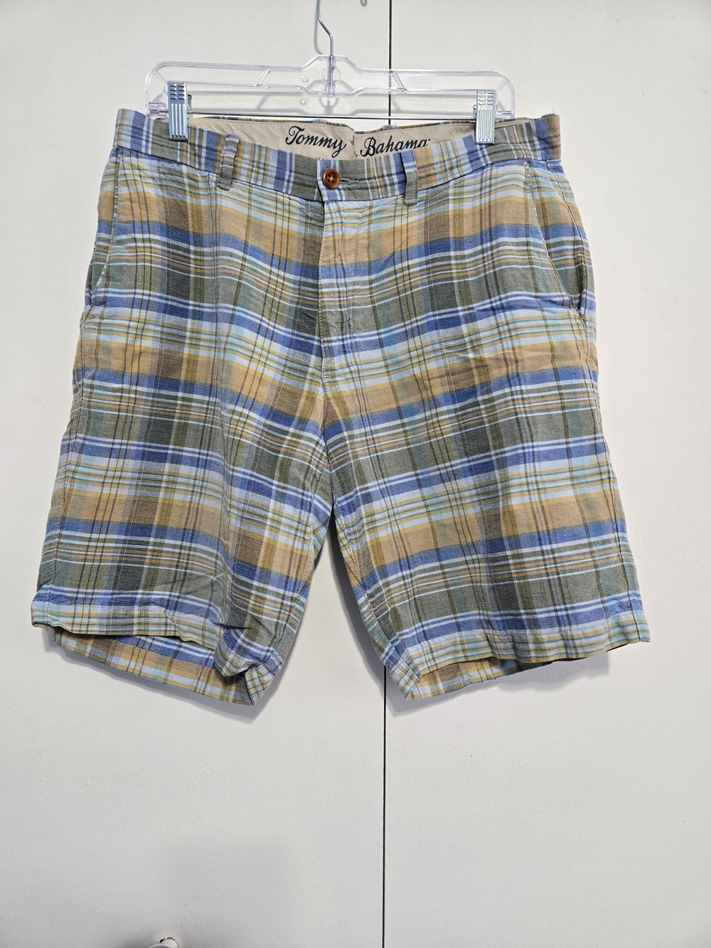 Tommy Bahama Plaid Linen Blend Shorts Mens Size 33 Blue Tan